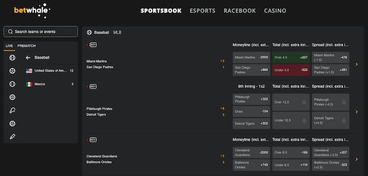 An image of BetWhale and the MLB betting options on the site, demonstrating moneyline picks and run line betting at an online sportsbook.